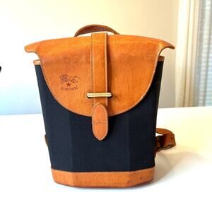 Il Bisonte Vintage Canvas Leather Backpack Italy Rucksack Blue Tan Flap Bag